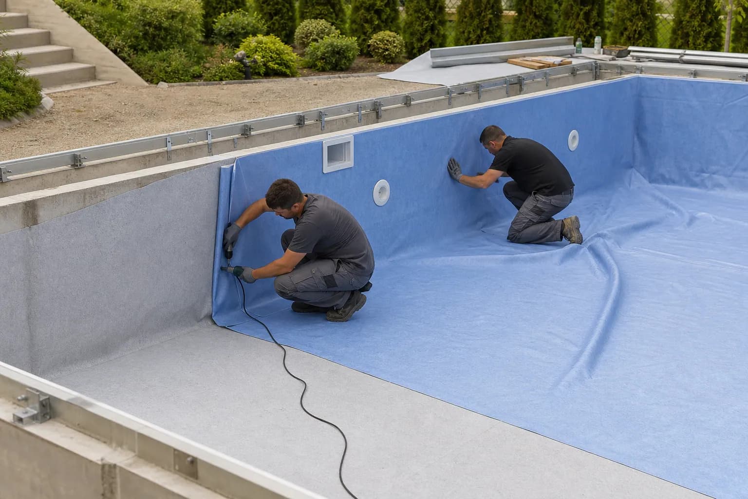 Profesionalna ugradnja plave liner membrane u panelni bazen